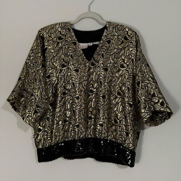 Siasia Tops - Vintage 80s Gold Metallic Black Sequin Rayon Glam Retro Top M